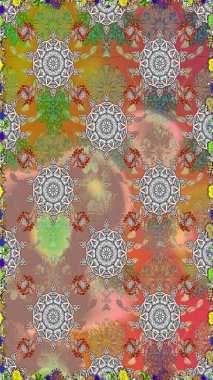 Gri ve bej renklerde etnik çiçeklerle kusursuz bir desen. Asya Tekstil 'inde Raster Çiçek İllüstrasyonu.