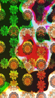 Desen, çizim, çiçek sınırı. Güzel, parlak, pürüzsüz kumaş, tuval. Kıvırcık, parlak örgü. Eski moda arka plan. Raster illüstrasyonu. Çiçeklerin çelengi.