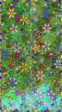 Küçük yeşil ve mavi renkte güzel bir besin torbası deseni, çiçekler. Millefleur 'lar. Tekstil, kumaş, kapaklar, duvar kağıtları, baskı, naylon, yapıştırma, örgü, dekupaj için çiçeksiz arkaplan.