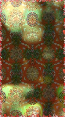 Raster illüstrasyonu. Şirin çiçekli kusursuz desen ve kahverengi ve yeşil renkli yapraklar, suluboya çiçek deseni, duvar kağıdı, kart veya kumaş için fayanslı.