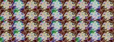 Kumaş, tekstil, duvar kağıdı baskısı için. Renkli desenli eskiz deseni, kahverengi çiçekler ve dekoratif elementlerle. Raster illüstrasyonu. Eskiz geçmişi. Antika retro tarzı.