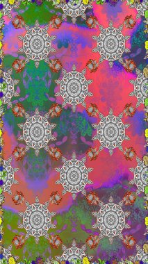 Tebrik kartı geçmişi, boyama kitabı, arkaplan ve tekstil için kullanılabilir. Etnik Mandala havlusu. Sınır Kızılderili çiçekli paisley patten. Raster Henna tarzı. Kusursuz süs izi..