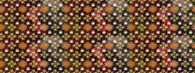 Suluboya elle çizilmiş çiçek desenli eskiz deseni. Parlak renkli fantezi çiçekleri, yapraklar, kahverengi renkli tomurcuklar, kahverengi.