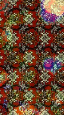 Çok kahverengi ve kırmızı zarif küçük çiçekler ve kahverengi ve kırmızı renkli komik böcekler, raster desen, illüstrasyon.