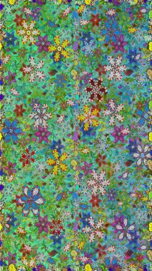 Raster illüstrasyonu. Raster deseni. Yumuşak, bahar çiçekleri yeşil ve mavi renklerde. Patlayan çiçekler soyut yerleştirilmiş.