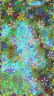 Yeşil ve mavi renklere karalamalar çizen kusursuz çiçek deseni. Raster illüstrasyonu.