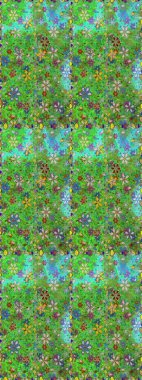 Çok yeşil ve mavi zarif küçük çiçekler ve yeşil ve mavi renkli komik böcekler, raster desen, illüstrasyon.