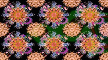 Renkli grunge, soyut arkaplanı koyu siyah ve kahverengi çiçeklerle süslüyor. İşlemeli çiçekli, dikişsiz desen. İzler, kumaş, duvar kağıtları, tekstil için raster dokusu.