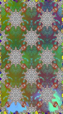 Raster Floral Illustration, Asyalı tekstil. Yeşil ve gri renkte etnik çiçeklerle kusursuz bir desen..