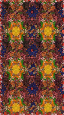 Raster illüstrasyonu. Şirin çiçekli kusursuz desen ve kahverengi ve turuncu renklerde yapraklar, suluboya çiçek deseni, duvar kağıdı, kart veya kumaş için fayanslı.