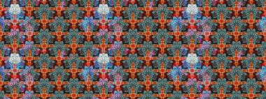 Raster Floral Illustration, Asyalı tekstil. Mavi renkli etnik çiçeklerle zarif eskiz deseni.