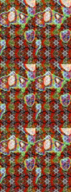 Kahverengi, gri ve kırmızı zarif küçük çiçekler ve kahverengi, gri ve kırmızı renkte komik böcekler, raster desen, illüstrasyon.