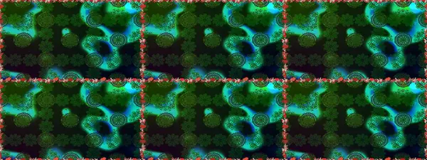 Yeşil ve gri renklerde. Renkli süs kenarı. Kusursuz desen. Çiçek duvar kağıdı. Hint süsü. Raster illüstrasyonu.