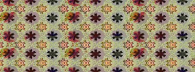 Tarafsız ve gri renklerdeki çok renkli ve gri zarif küçük çiçekler ve komik böcekler, raster desen, illüstrasyon.