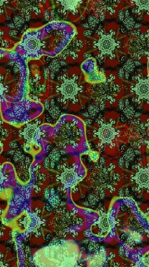 Ağaç dallı bahar çiçekleri ile desen, yeşil ve kahverengi renkler ile çiçek silueti. Raster deseni.