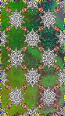 Raster illüstrasyonunda kusursuz çiçek deseni. Yeşil ve gri renkte çiçekler.