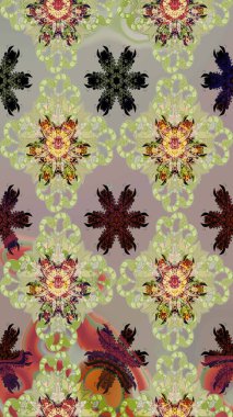 Tarafsız ve gri renklerdeki çok renkli ve gri zarif küçük çiçekler ve komik böcekler, raster desen, illüstrasyon.