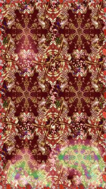 Süslü dekorasyon. Lüks, kraliyet ve Viktorya dönemi konsepti. Raster klasik barok çiçeksiz altın desenli. Altın elementlerle kahverengi renklerde altın desen.