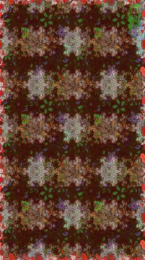 Raster suluboya çiçek deseni, narin çiçekler, kahverengi ve yeşil çiçekler, tebrik kartı şablonu. Güzel kumaş deseni.