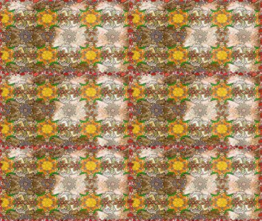 Modern çiçek arkaplanı. Moda baskıları için zarif bir şablon. Halk tarzı. Parlak renkli çiçekleri olan ve bej ve kahverengi renkte yaprakları olan muhteşem bir çiçek deseni..