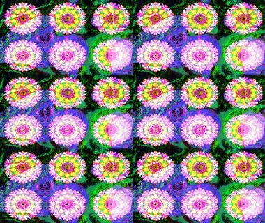 Yeşil renkli bitkilerden oluşan parlak çiçekli çizim deseni.