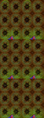 Raster - stok. Eskiz arkaplan modeli. Yapraklı çiçekler ve papatya çiçekleri kahverengi ve yeşil renklerde.