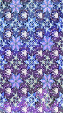 Raster Çiçek İllüstrasyonu 'nun şirin tekstili. Mor ve mavi renkte etnik çiçeklerle süslenmiş zarif bir eskiz..