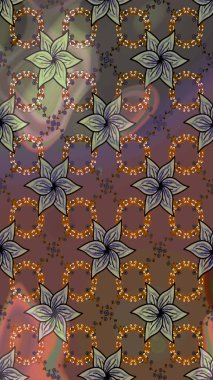 Asya tekstil tarzında. Raster illüstrasyonu. Çiçek desenli çizim. Raster illüstrasyonu. Kahverengi renkte çiçekler.