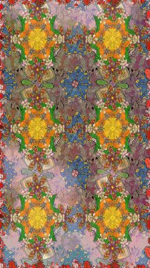 Raster illüstrasyonu. Çiçek desenli çizim. Asya tekstil tarzında. Raster illüstrasyonu. Kahverengi renkte çiçekler.