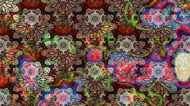 Raster illüstrasyonu. Şirin çiçekli eskiz deseni ve kahverengi renkli yapraklar, suluboya çiçek deseni, duvar kağıdı, kart veya kumaş için fayanslı.