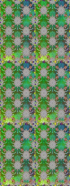 Raster Çiçek İllüstrasyonu güzel tekstil. Yeşil ve gri renkte etnik çiçeklerle kusursuz bir desen..