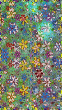 Raster - stok. Kusursuz bir arka plan modeli. Yapraklı çiçekler ve yeşil ve mavi renkli papatya çiçekleri..