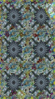 Çiçekli zambaklar kusursuz bir arka plan. Parlak çiçekli kolaj çiçekleri gri ve mavi. Çiçek tasarımı için inanılmaz kolaj cennet tarzı..