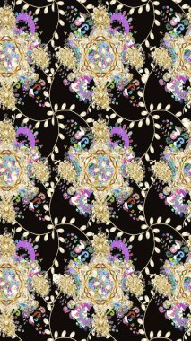 Ağaç dallı bahar çiçekleriyle desen, çiçek siluetiyle siyah renkler. Raster deseni.