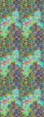 Kusursuz bir geçmişi var. Eski usul. Renkli desenli kusursuz desen, yeşil ve mavi çiçekler ve dekoratif elementler. Kumaş, tekstil, duvar kağıdı baskısı için. Raster illüstrasyonu.