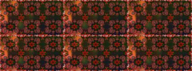 Kahverengi ve gri arka planda. Tekstil, kumaş, ambalaj, hatıra defteri için hoş bir çiçek arkaplanı. El çizimi çiçekli, pürüzsüz bir desen. Çocuksu tasarım.