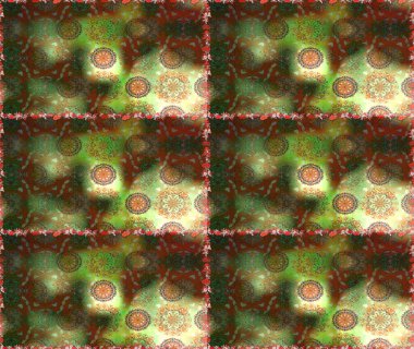 Kahverengi ve yeşil renkli Asya tekstili. Kusursuz çiçek deseni. Raster illüstrasyonu.