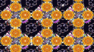 Düz Çiçek Elementleri Tasarımı. Siyah renkli çiçekler. Raster illüstrasyonundaki çiçek desenli çizim. Renkli Bahar Teması çizim şablonu.