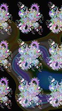 Çiçeksel elementlerle süslenmiş zarif raster dokusu. Siyah renkler ve parlak çiçekler üzerine soyut çizim deseni. Küçük çiçekte şirin bir çiçek deseni var..