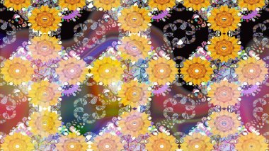 Raster Çiçek İllüstrasyonu 'nun şirin tekstili. Sarı ve bej renkte etnik çiçeklerle kusursuz bir desen..