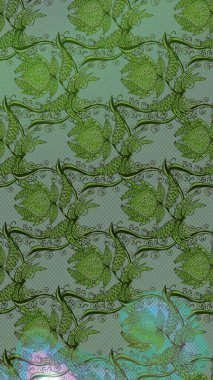 Yeşil renkli Asya tekstili. Raster illüstrasyonu. Suluboya çiçekli çiçek deseni.