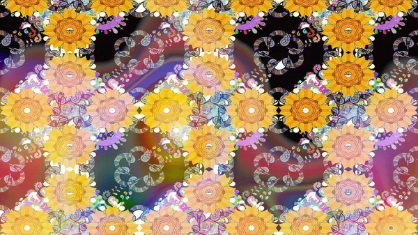 Raster Çiçek İllüstrasyonu 'nun şirin tekstili. Sarı ve bej renkte etnik çiçeklerle kusursuz bir desen..