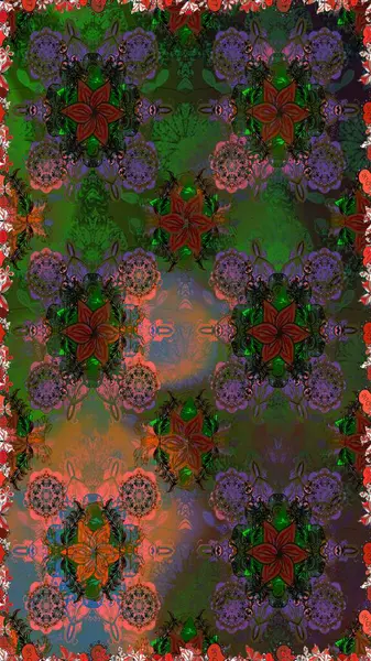 Tekstil tasarımı için yeşil ve kahverengi renkli geleneksel halk çiçekleri. Çiçeksiz desenli nakış işlemeli gelincikler ve vadi zambaklarıyla.