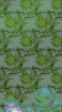 Yeşil renkli Asya tekstili. Raster illüstrasyonu. Suluboya çiçekli çiçek deseni.