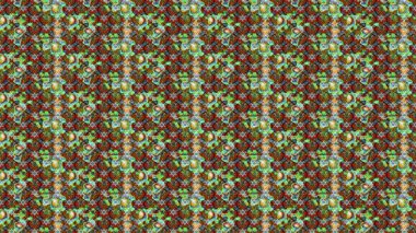 Çok yeşil, kahverengi ve nötr küçük çiçekler ve yeşil, kahverengi ve nötr renklerdeki komik böcekler, raster deseni, illüstrasyon.