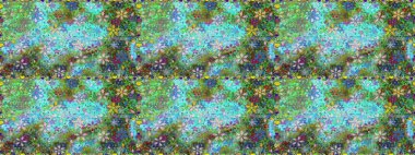 Raster illüstrasyonu. Yeşil ve mavi renklere karalamalar çizen kusursuz çiçek deseni.