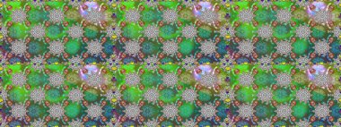 Raster deseni. Patlayan çiçekler soyut olarak yerleştirilmiş. Yeşil ve gri renklerde bahar çiçekleri. Raster illüstrasyonu.