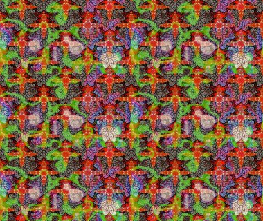 Raster illüstrasyonu. Şirin çiçekli eskiz deseni ve yeşil renkli yapraklar, suluboya çiçek deseni, duvar kağıdı, kart veya kumaş için fayanslı.