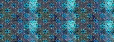 Şirin çiçekli eskiz deseni ve mavi renkli yapraklar, suluboya çiçek deseni, duvar kağıdı, kart veya kumaş için fayanslı. Raster illüstrasyonu.