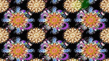 Çiçekli ipek eşarp. El çizimi çiçek unsurları olan soyut, dikişsiz raster deseni. 1950-1960 motifleri. Retro tekstil tasarım koleksiyonu. Siyah ve bej üzerine siyah ve bej.